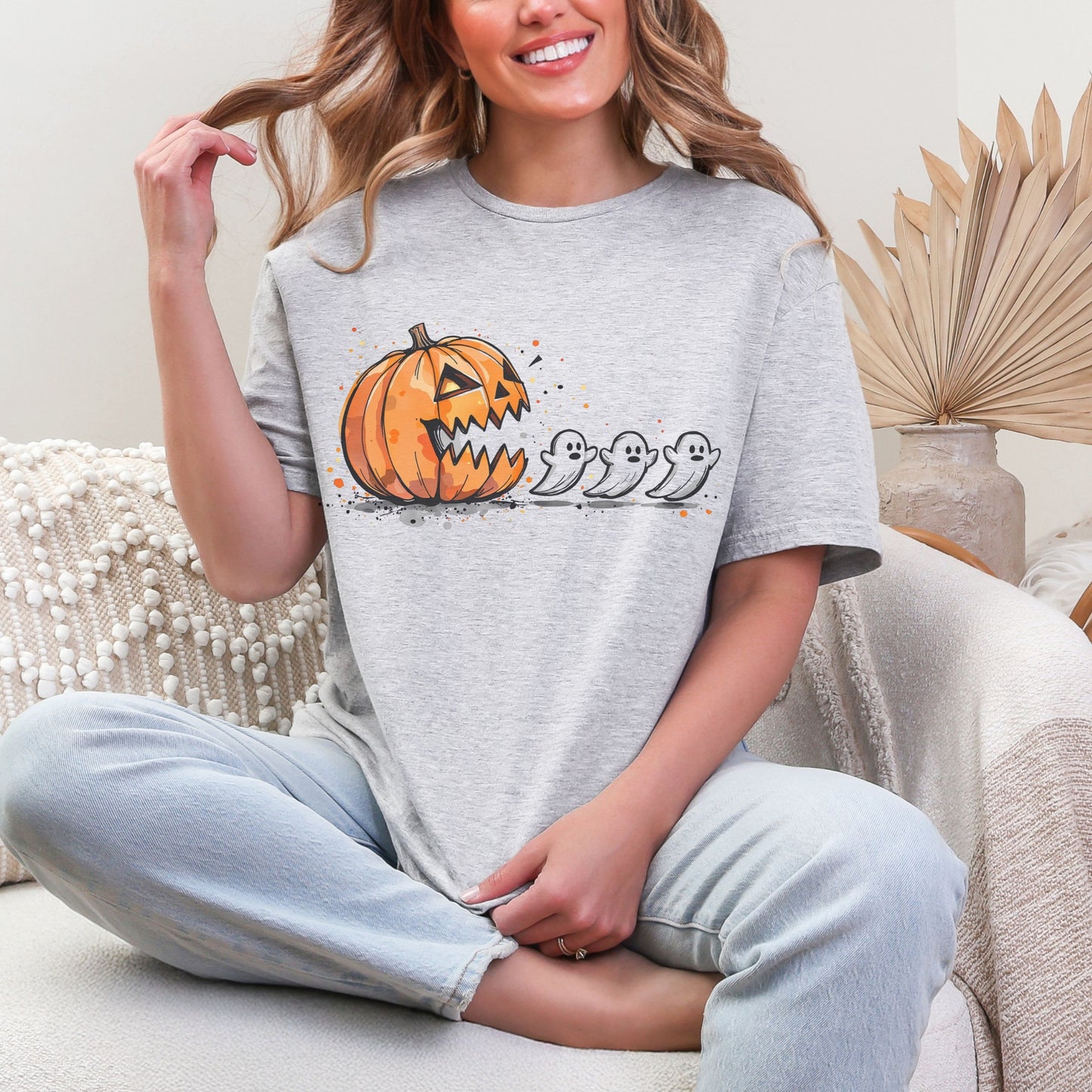 Pumpkin and Ghost Halloween Tee | Retro Arcade Inspired | Unisex Gildan Softstyle Cotton T-Shirt | Made to Order