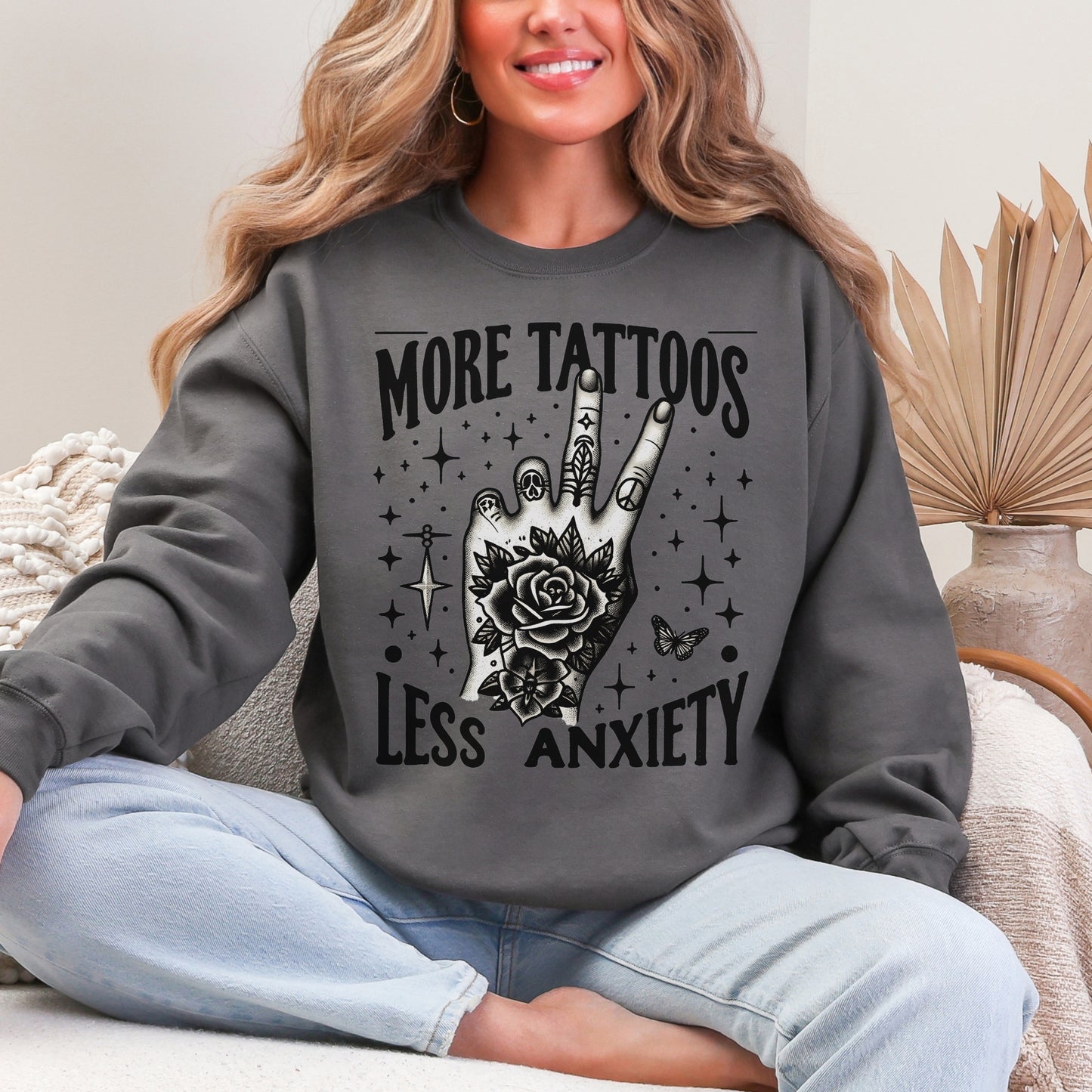 More Tattoos Less Anxiety Sweatshirt | Tattoo-Inspired Graphic Crewneck
