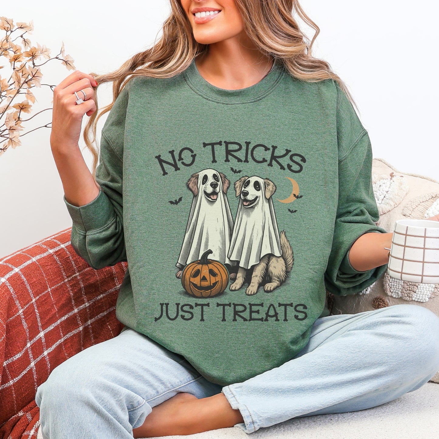 No Tricks Just Treats Dog Halloween Sweatshirt – Unisex Cozy Fall Pullover