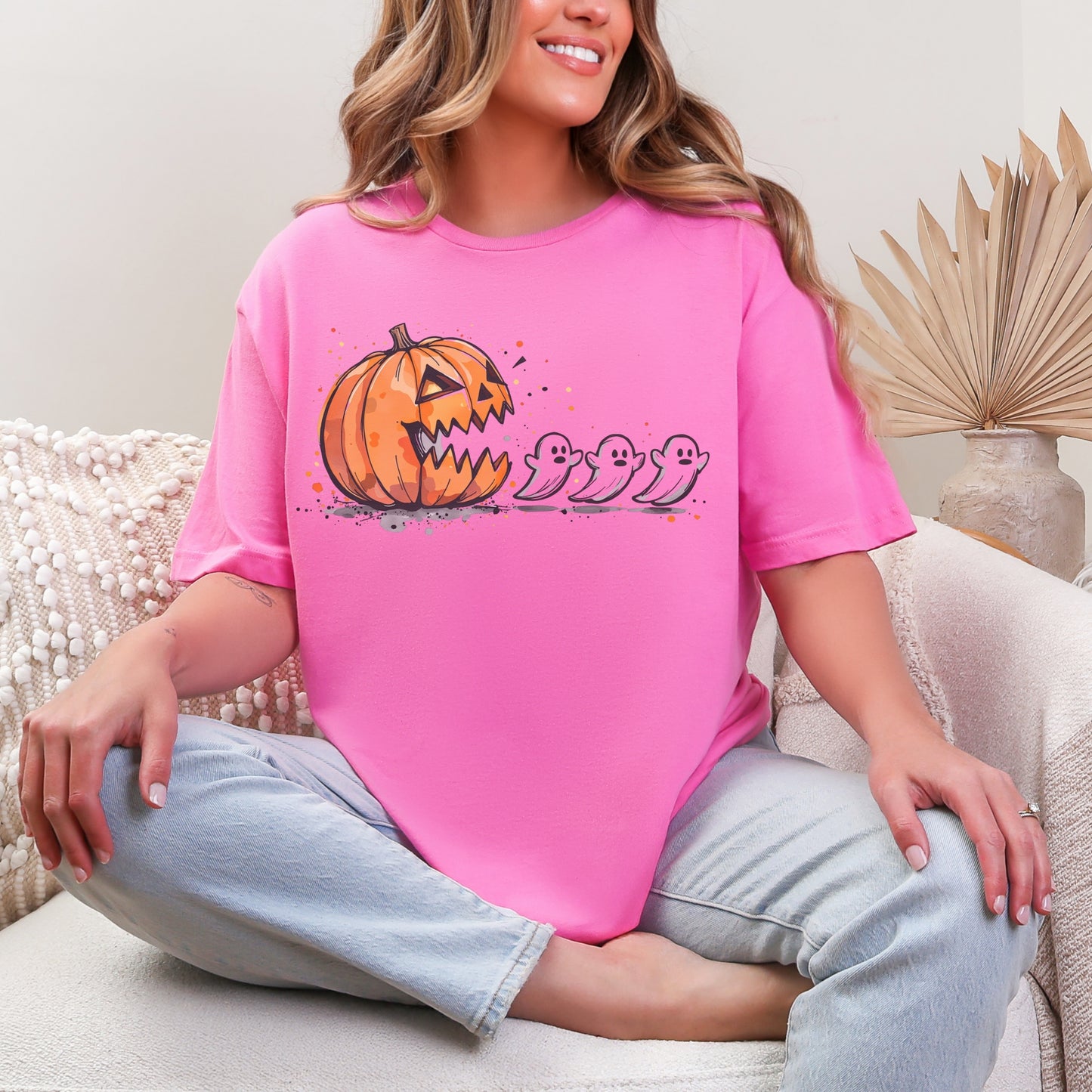 Pumpkin and Ghost Halloween Tee | Retro Arcade Inspired | Unisex Gildan Softstyle Cotton T-Shirt | Made to Order