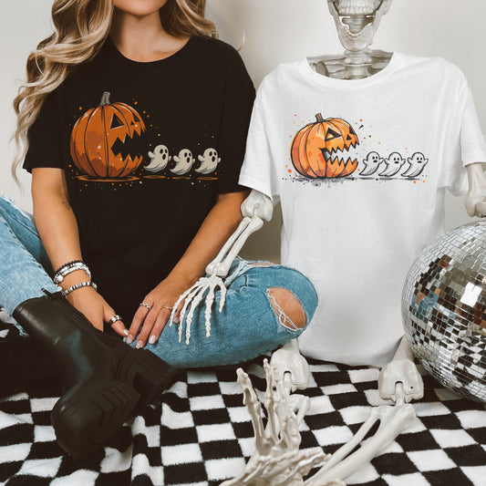 Pumpkin and Ghost Halloween Tee | Retro Arcade Inspired | Unisex Gildan Softstyle Cotton T-Shirt | Made to Order