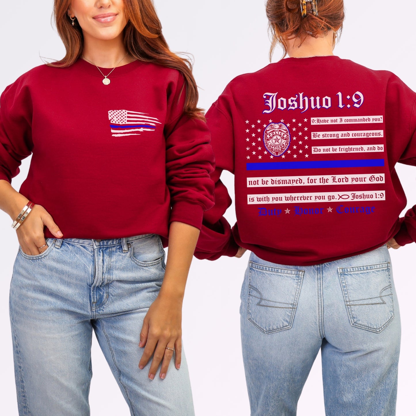 “Joshua 1:9 — Duty, Honor, Courage” Thin Blue Line Crewneck | Patriot Collection