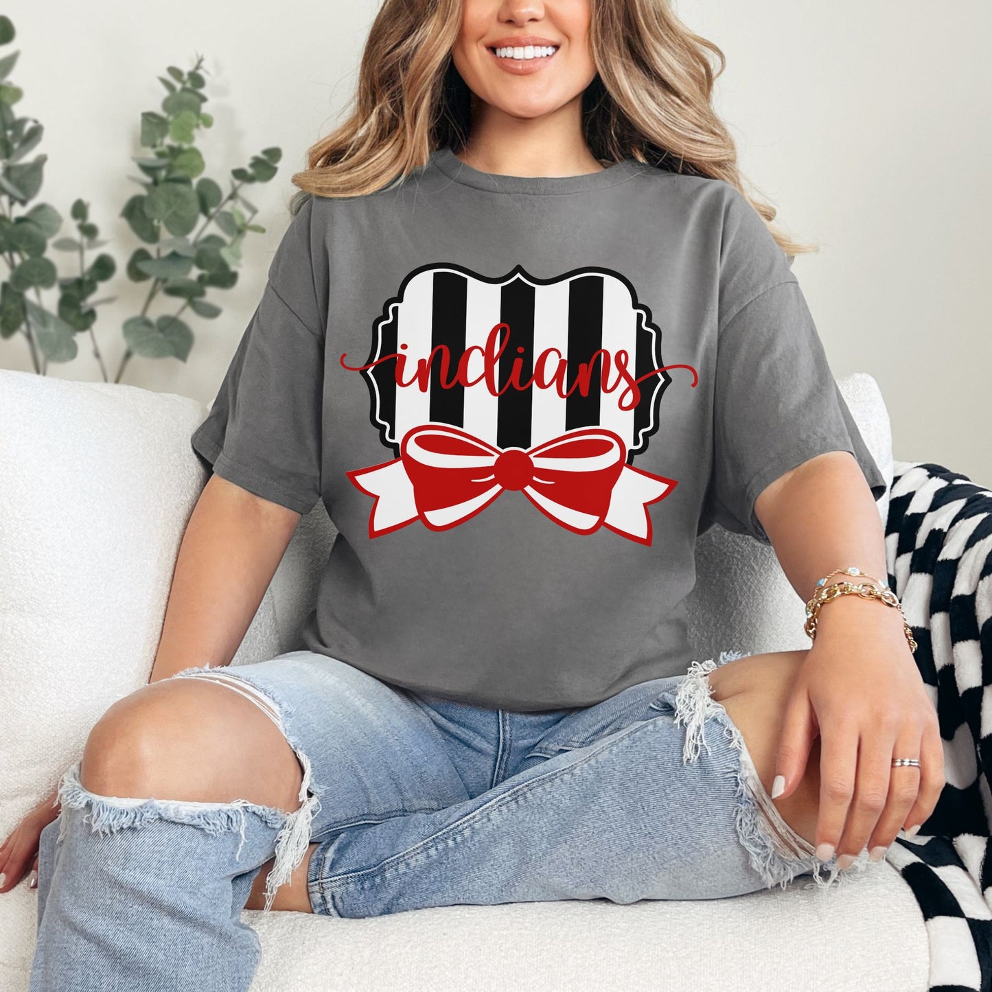 Du Quoin Indians Tee | Du Quoin Team Spirit Shirt with Stripes & Bow