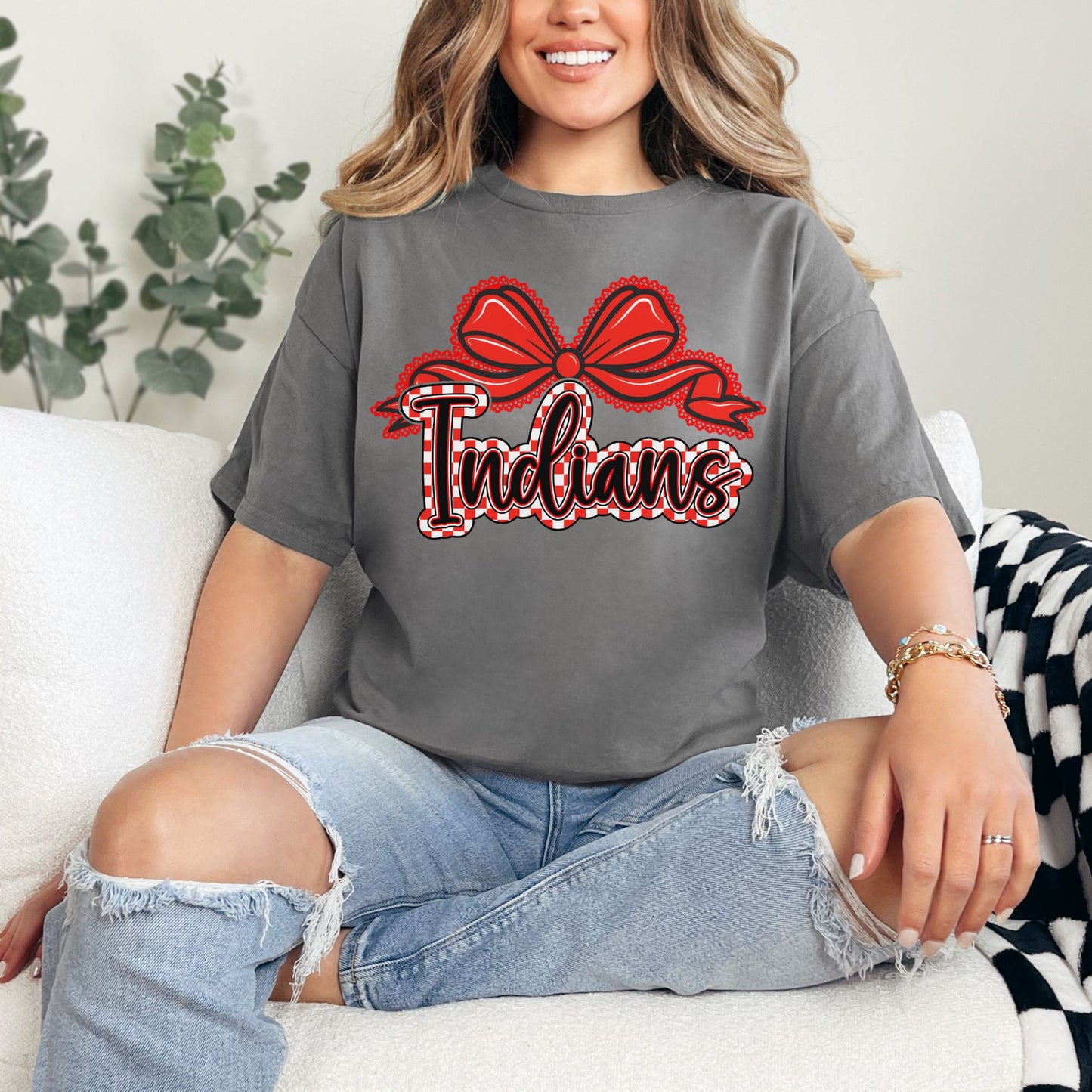 Du Quoin Indians Tee | Indians Gingham Bow Tee