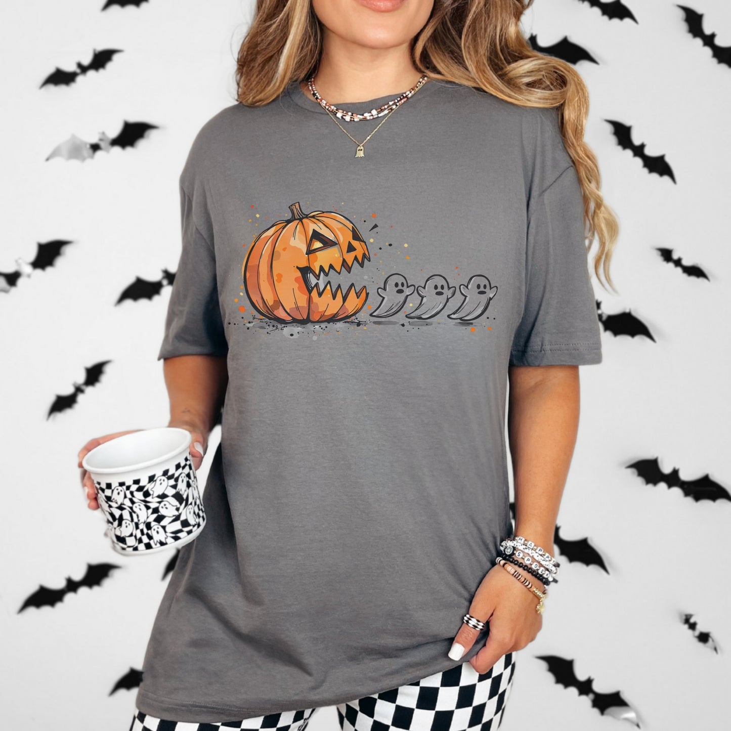 Pumpkin and Ghost Halloween Tee | Retro Arcade Inspired | Unisex Gildan Softstyle Cotton T-Shirt | Made to Order