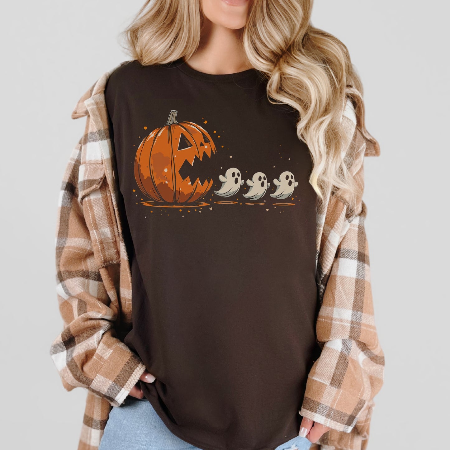 Pumpkin and Ghost Halloween Tee | Retro Arcade Inspired | Unisex Gildan Softstyle Cotton T-Shirt | Made to Order