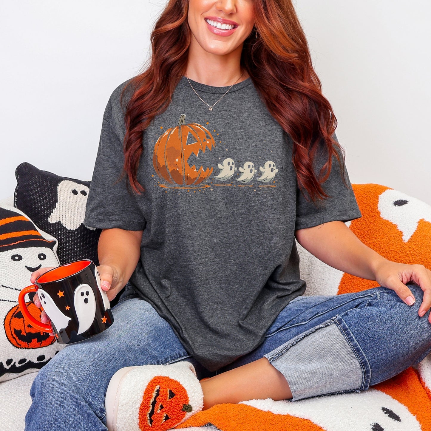 Pumpkin and Ghost Halloween Tee | Retro Arcade Inspired | Unisex Gildan Softstyle Cotton T-Shirt | Made to Order