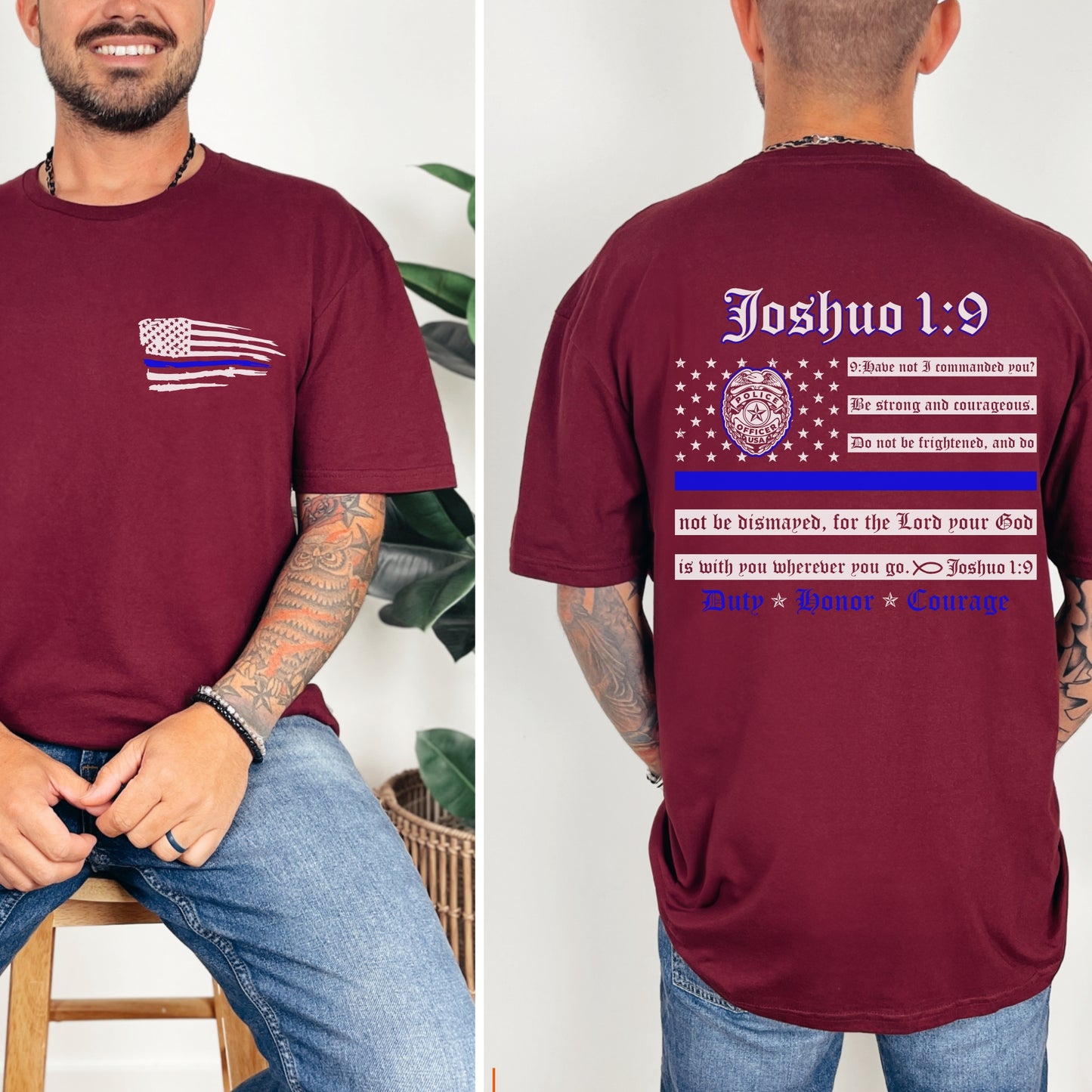 “Joshua 1:9 — Duty, Honor, Courage” Thin Blue Line T-Shirt | Patriot Collection