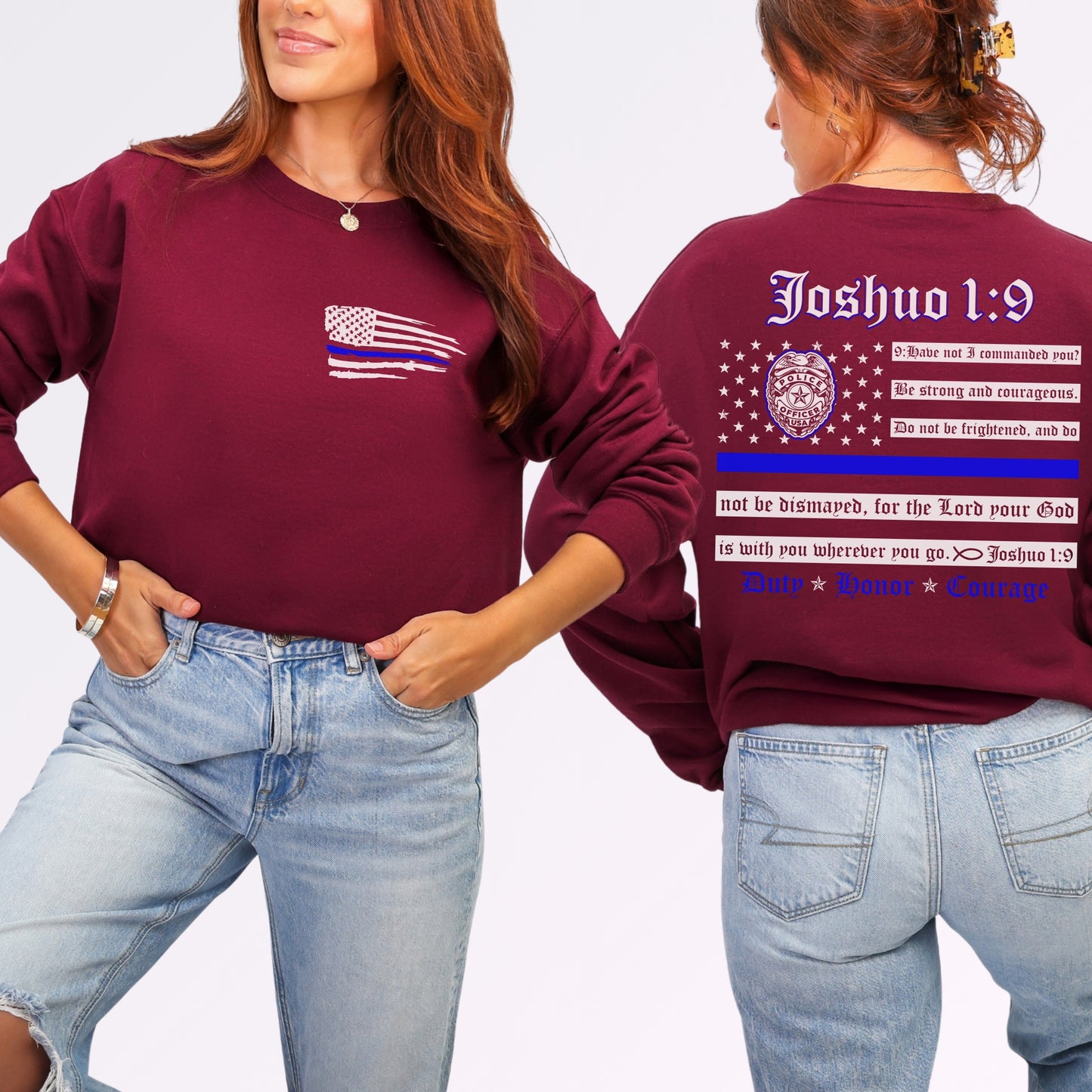 “Joshua 1:9 — Duty, Honor, Courage” Thin Blue Line Crewneck | Patriot Collection