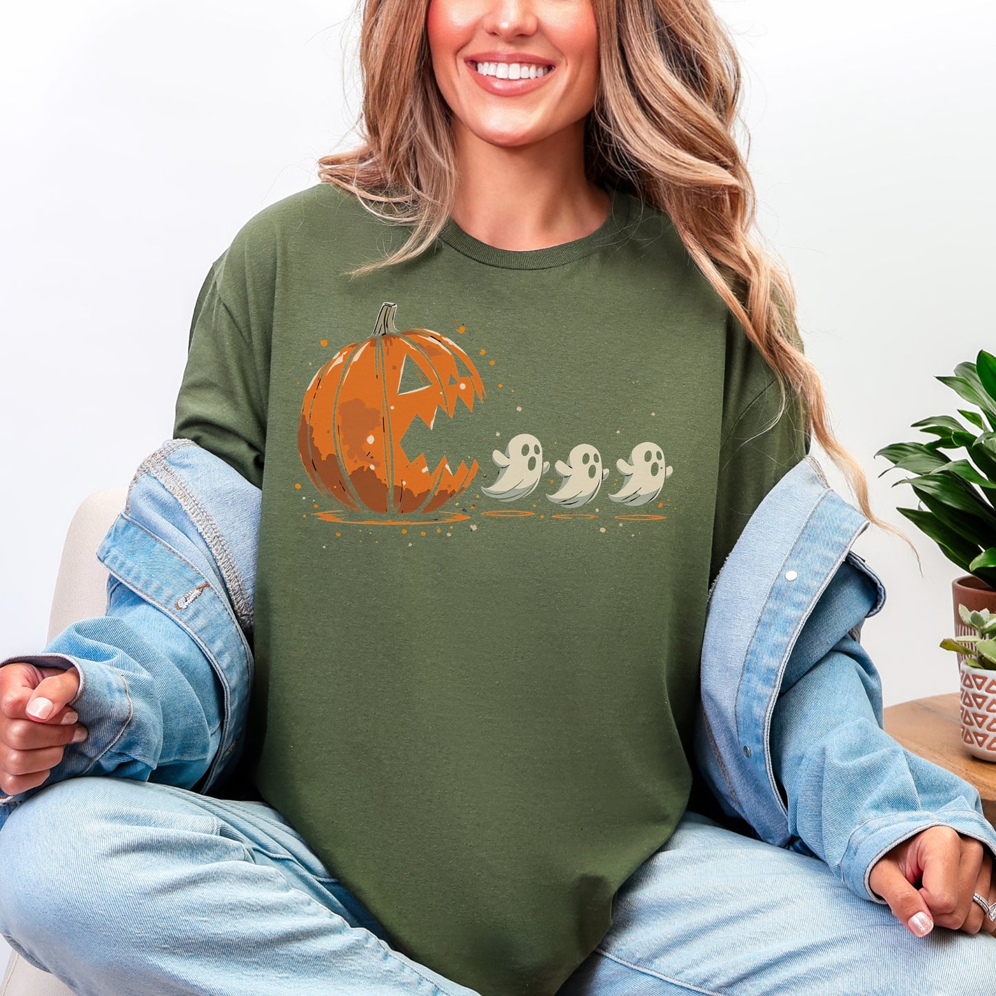 Pumpkin and Ghost Halloween Tee | Retro Arcade Inspired | Unisex Gildan Softstyle Cotton T-Shirt | Made to Order