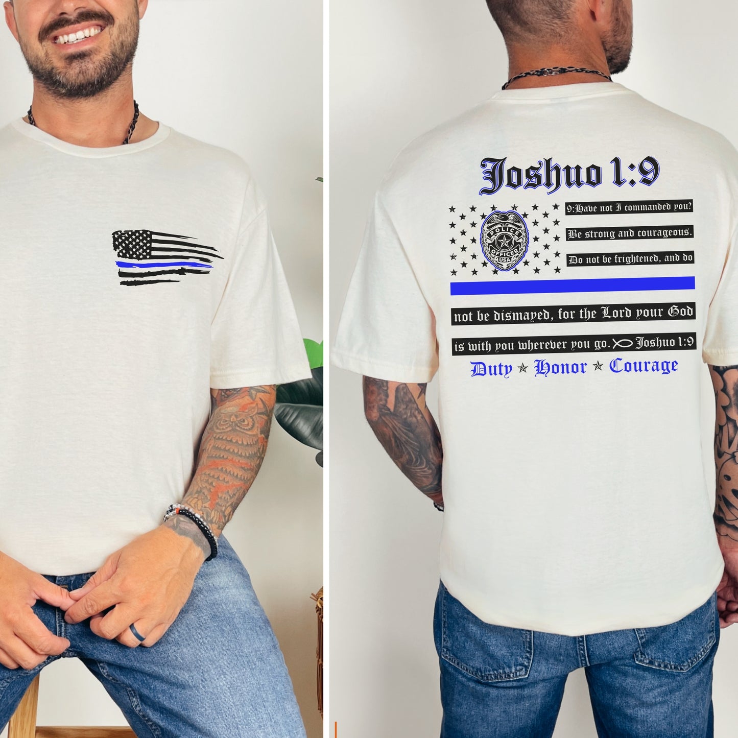 “Joshua 1:9 — Duty, Honor, Courage” Thin Blue Line T-Shirt | Patriot Collection