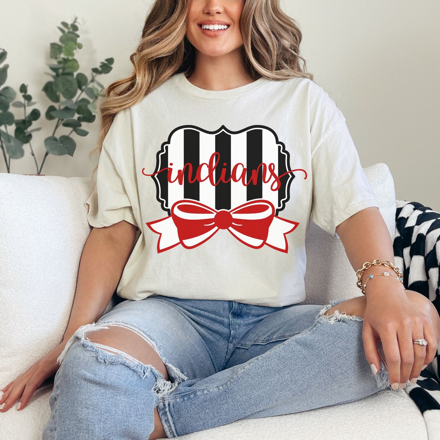 Du Quoin Indians Tee | Du Quoin Team Spirit Shirt with Stripes & Bow
