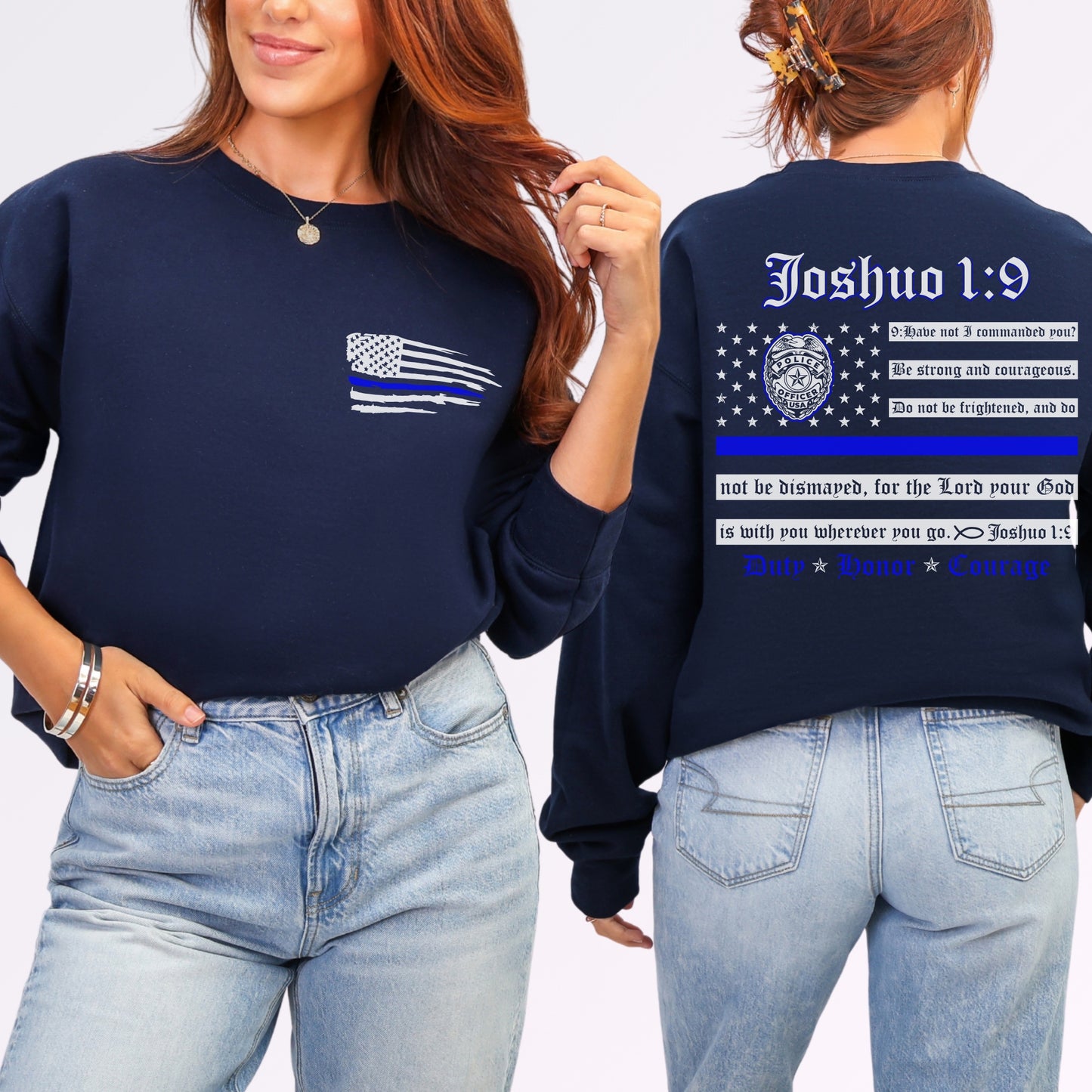 “Joshua 1:9 — Duty, Honor, Courage” Thin Blue Line Crewneck | Patriot Collection