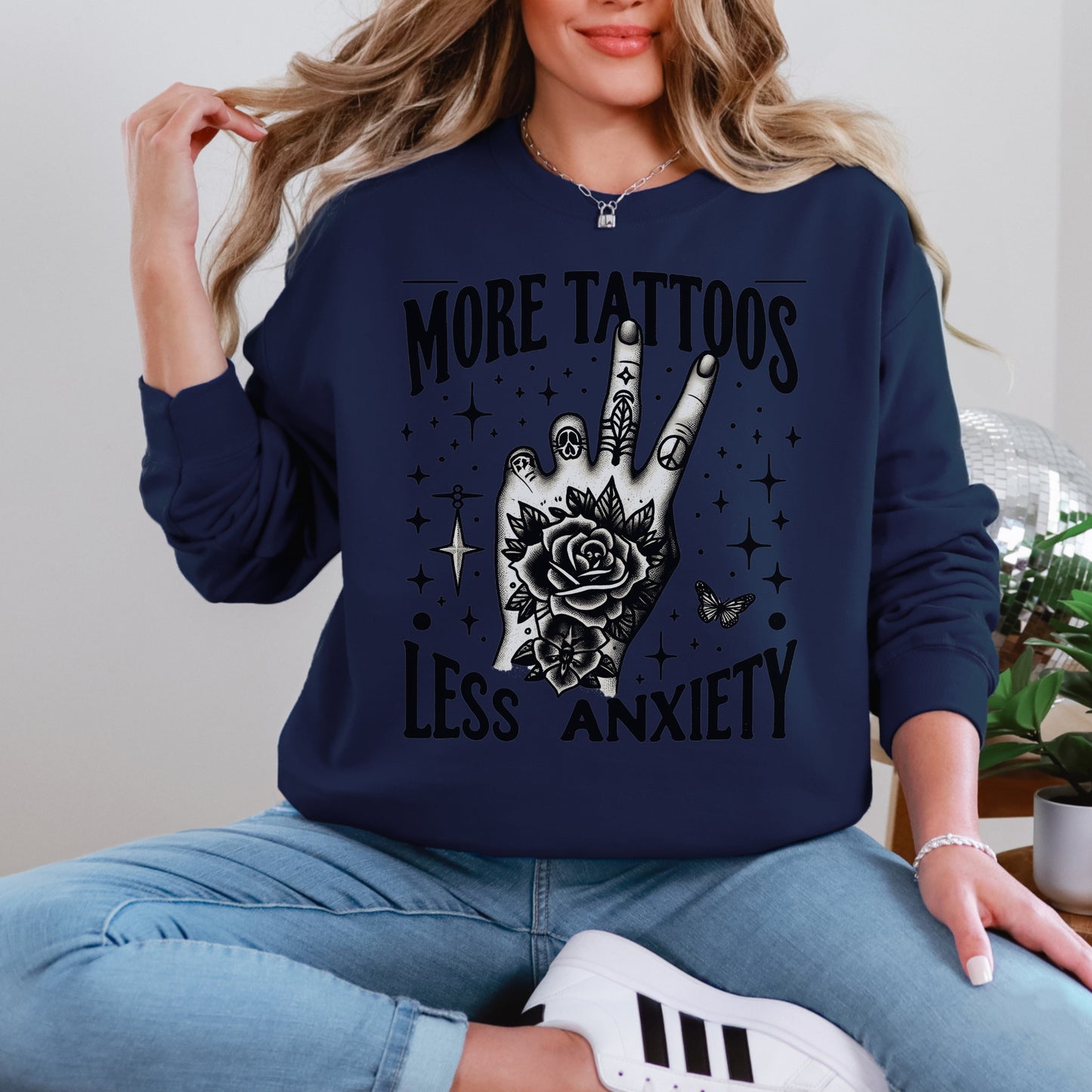 More Tattoos Less Anxiety Sweatshirt | Tattoo-Inspired Graphic Crewneck