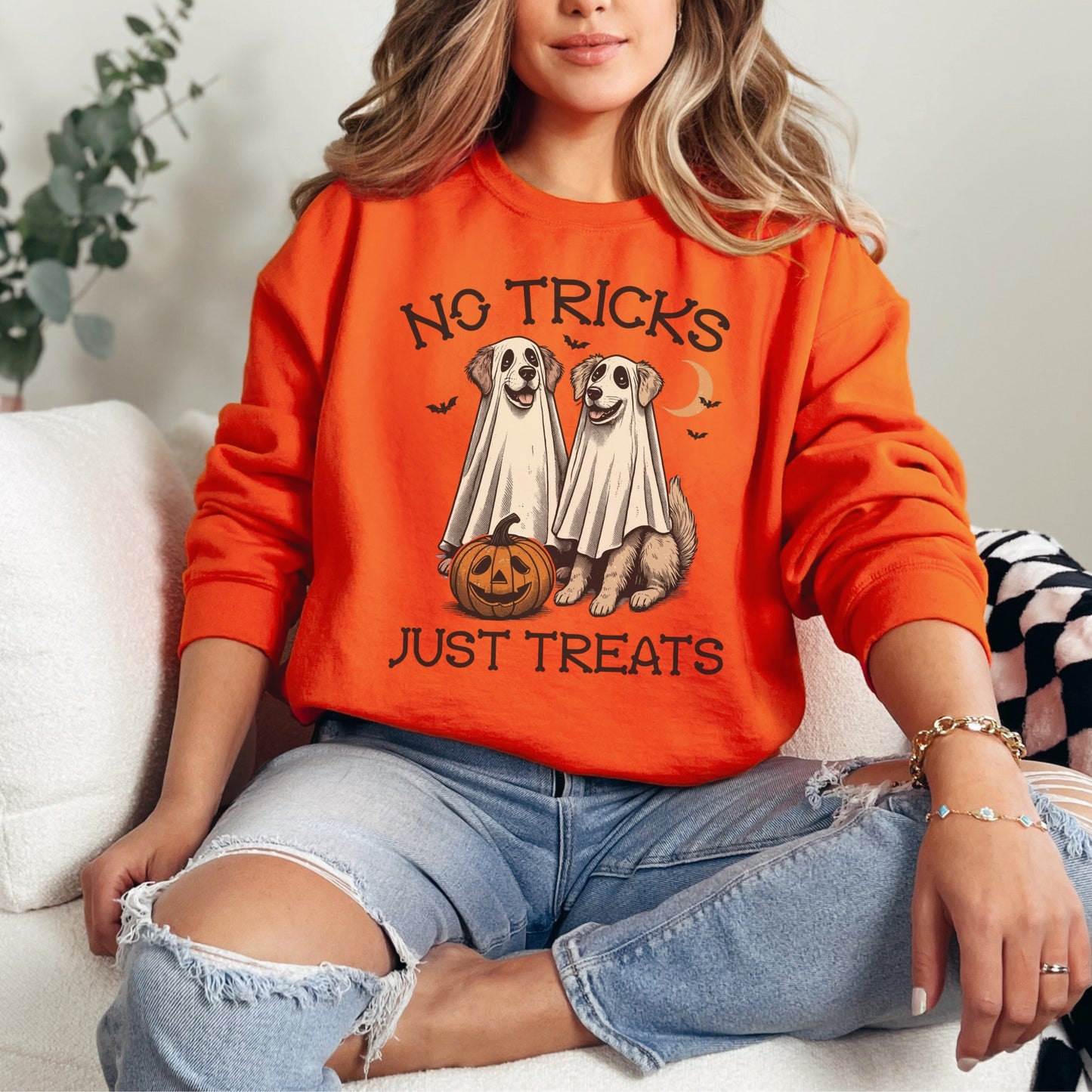 No Tricks Just Treats Dog Halloween Sweatshirt – Unisex Cozy Fall Pullover