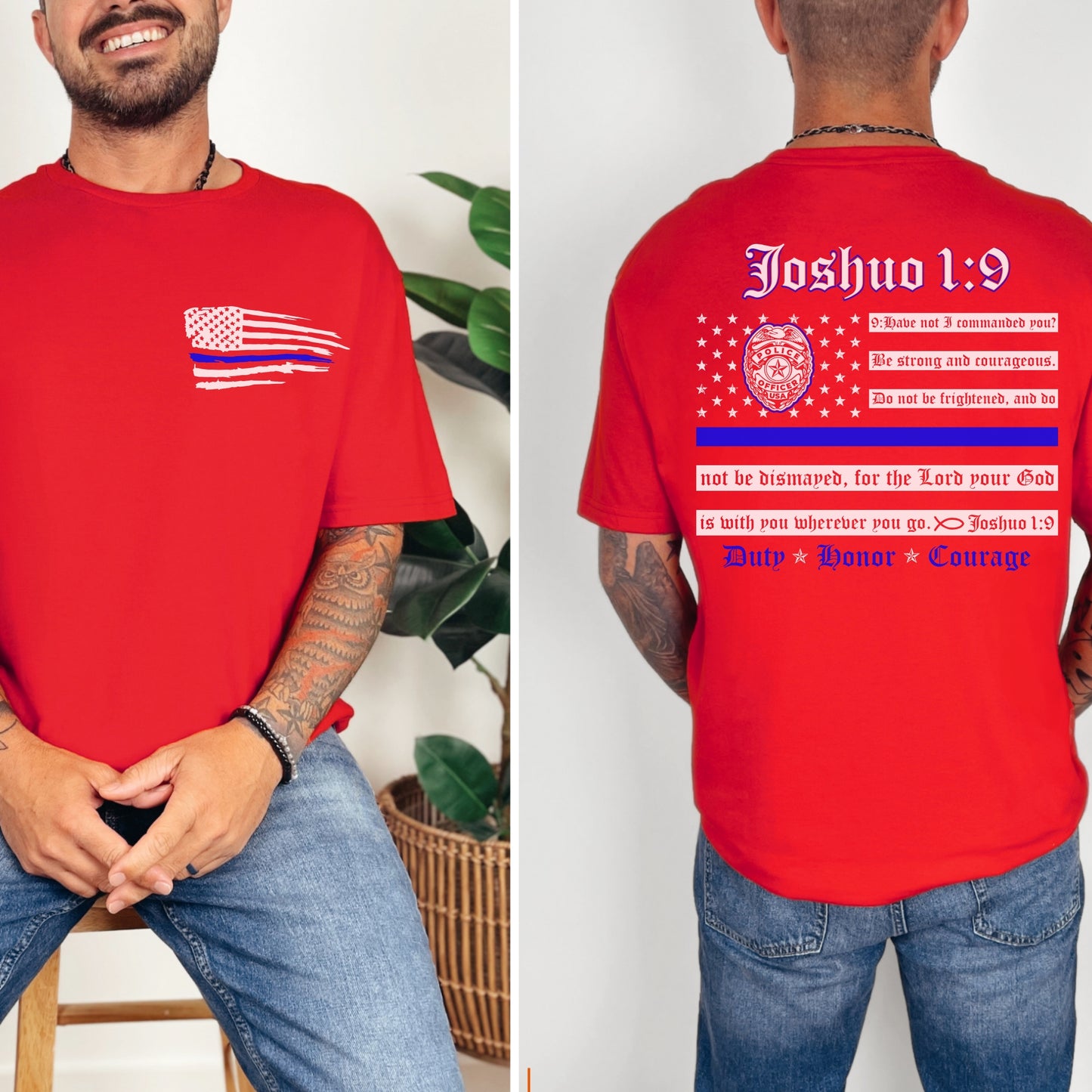“Joshua 1:9 — Duty, Honor, Courage” Thin Blue Line T-Shirt | Patriot Collection