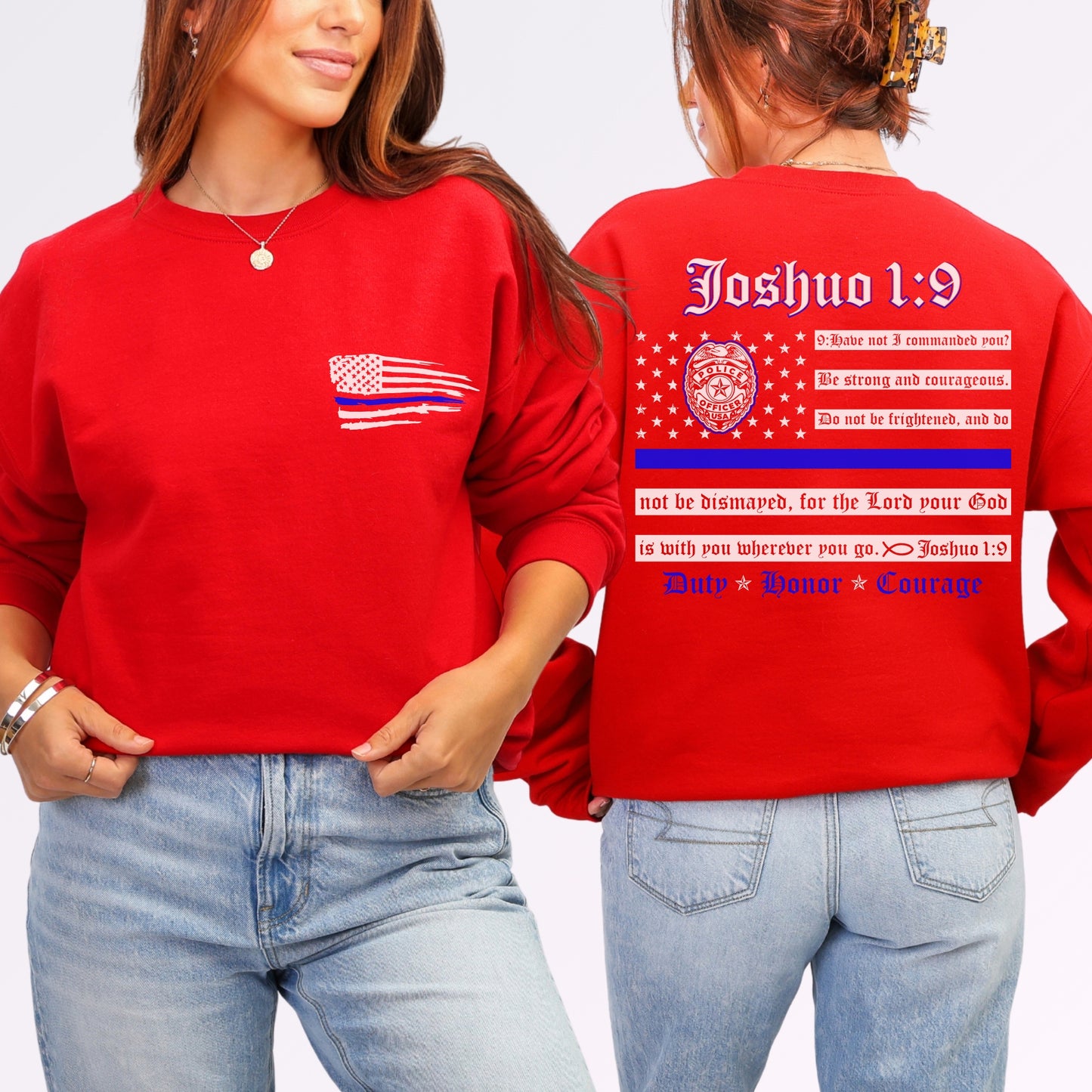 “Joshua 1:9 — Duty, Honor, Courage” Thin Blue Line Crewneck | Patriot Collection