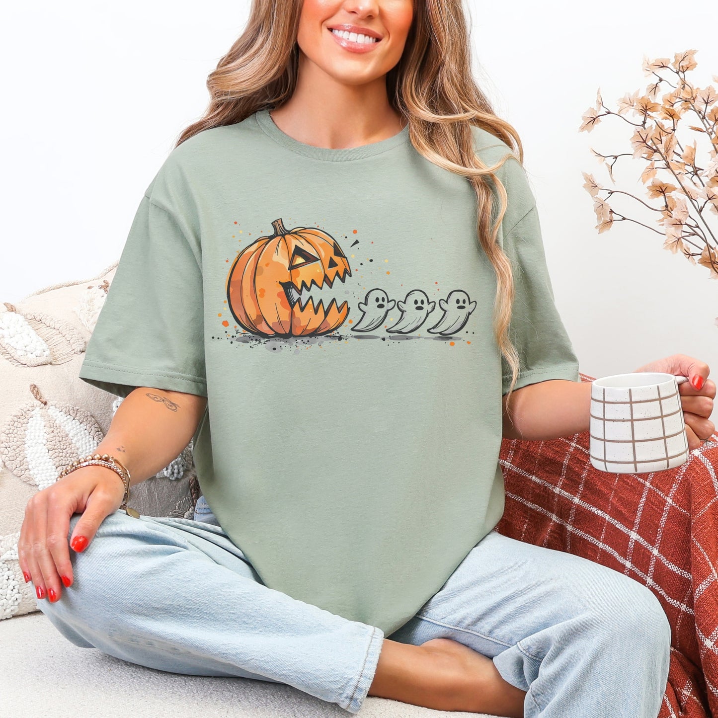 Pumpkin and Ghost Halloween Tee | Retro Arcade Inspired | Unisex Gildan Softstyle Cotton T-Shirt | Made to Order