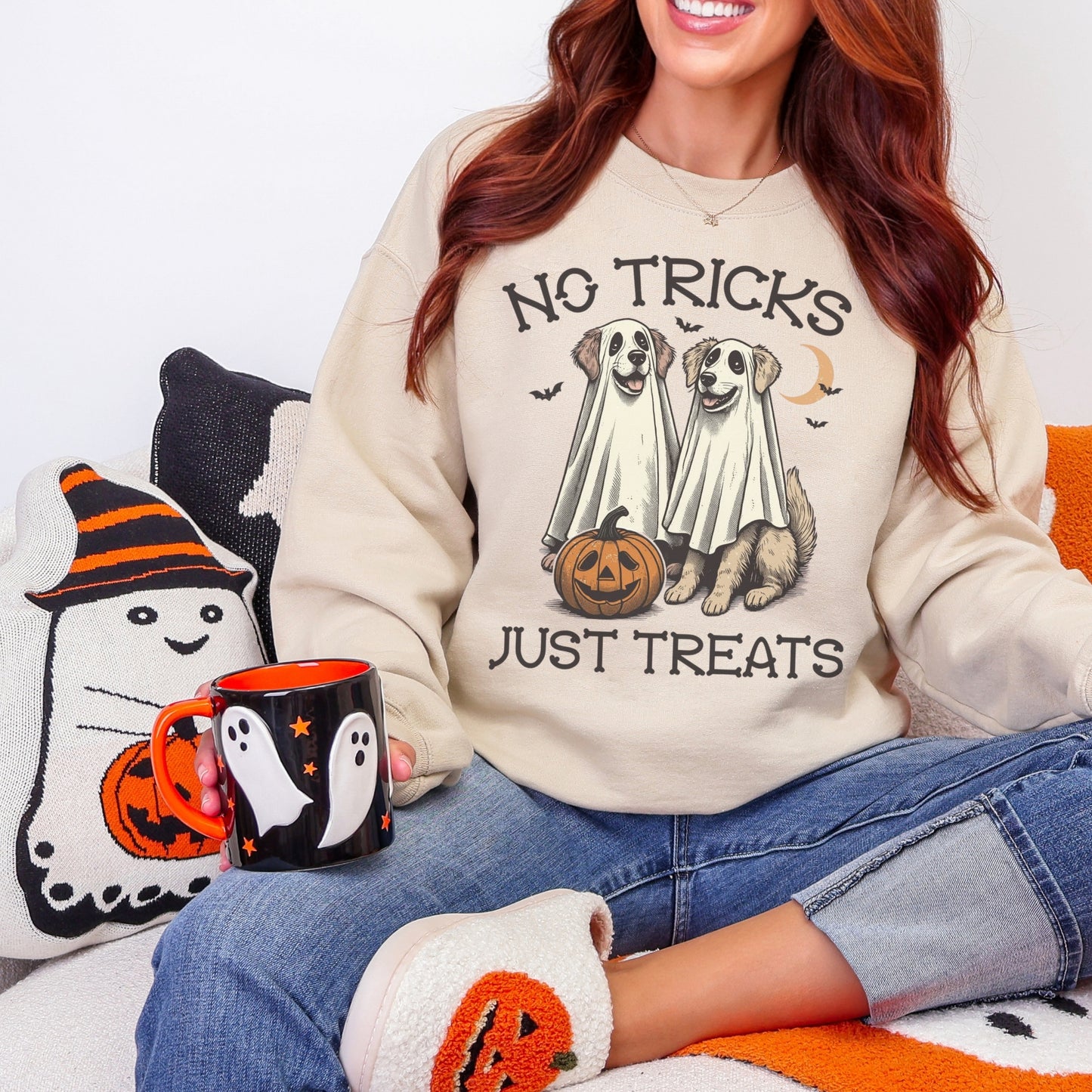 No Tricks Just Treats Dog Halloween Sweatshirt – Unisex Cozy Fall Pullover