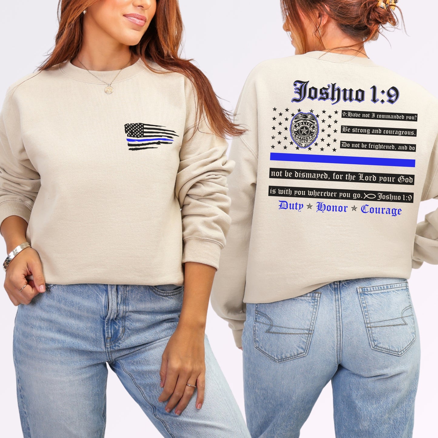 “Joshua 1:9 — Duty, Honor, Courage” Thin Blue Line Crewneck | Patriot Collection