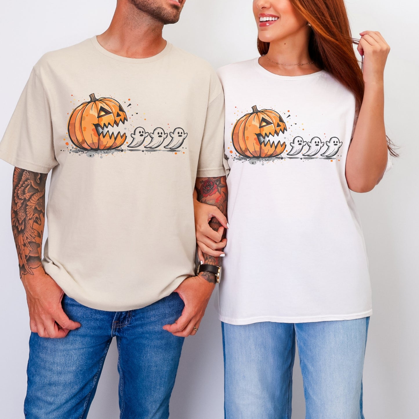 Pumpkin and Ghost Halloween Tee | Retro Arcade Inspired | Unisex Gildan Softstyle Cotton T-Shirt | Made to Order