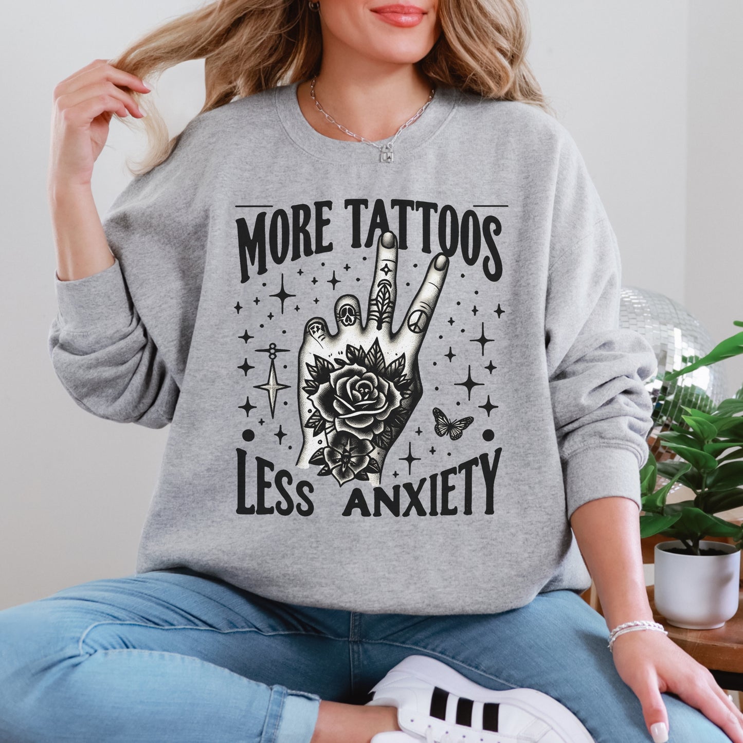 More Tattoos Less Anxiety Sweatshirt | Tattoo-Inspired Graphic Crewneck