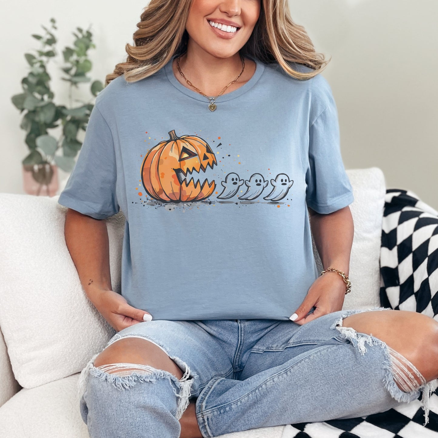 Pumpkin and Ghost Halloween Tee | Retro Arcade Inspired | Unisex Gildan Softstyle Cotton T-Shirt | Made to Order