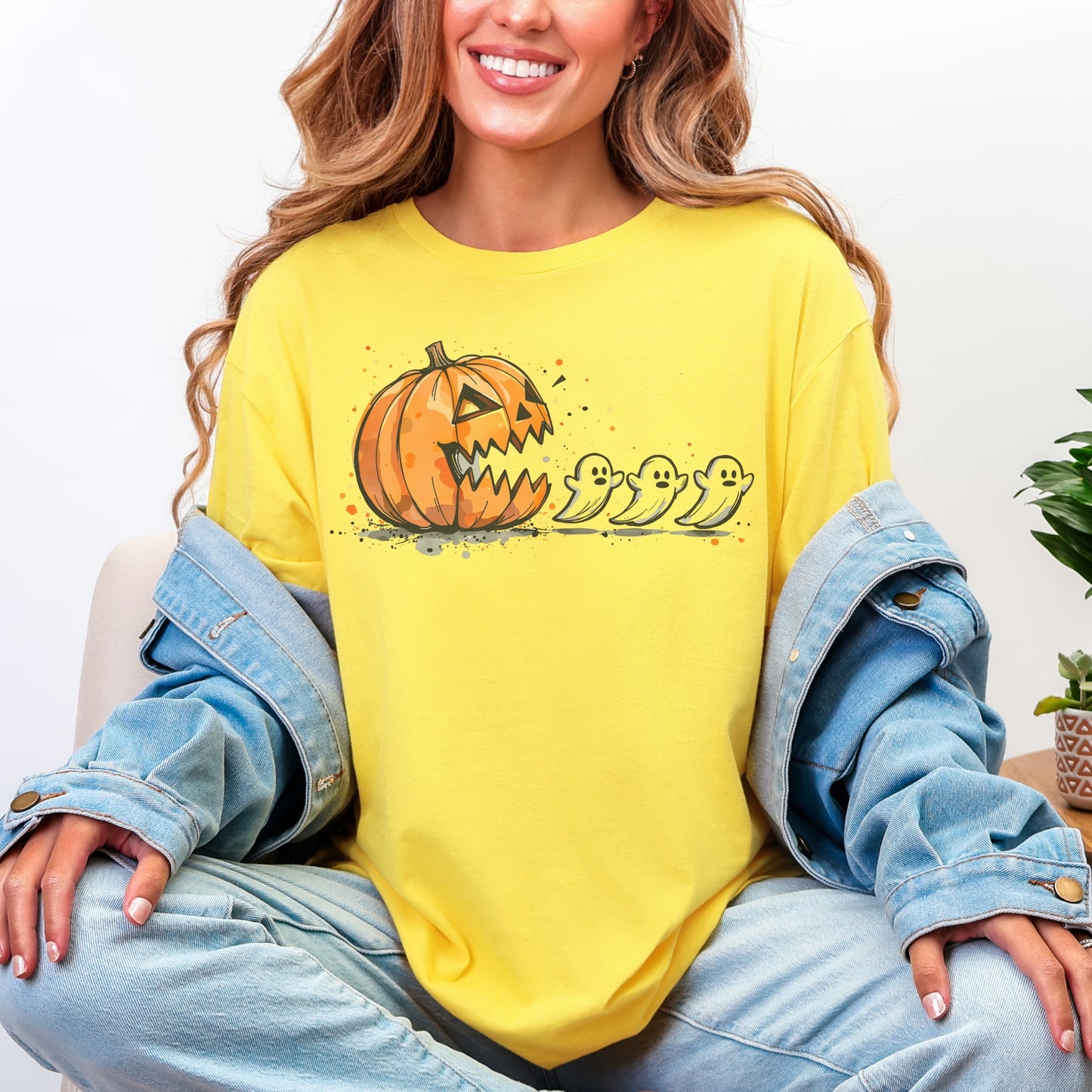 Pumpkin and Ghost Halloween Tee | Retro Arcade Inspired | Unisex Gildan Softstyle Cotton T-Shirt | Made to Order