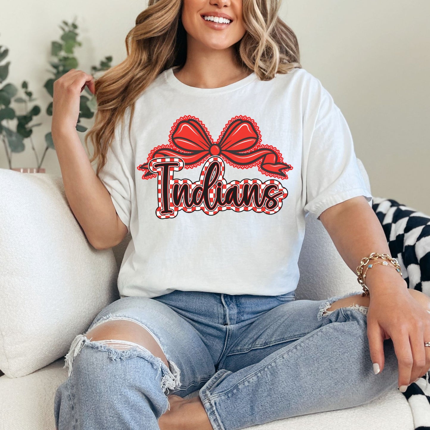 Du Quoin Indians Tee | Indians Gingham Bow Tee