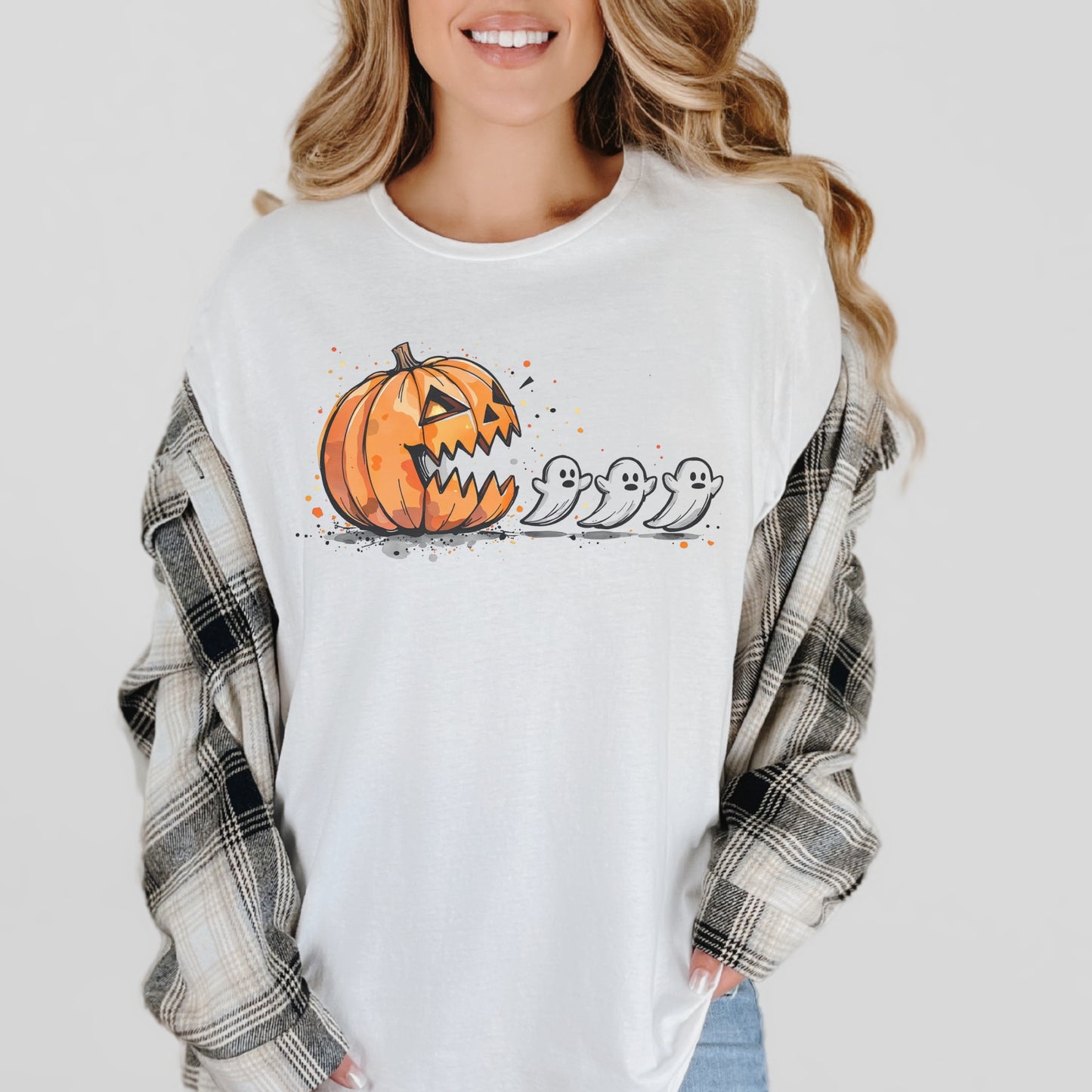 Pumpkin and Ghost Halloween Tee | Retro Arcade Inspired | Unisex Gildan Softstyle Cotton T-Shirt | Made to Order